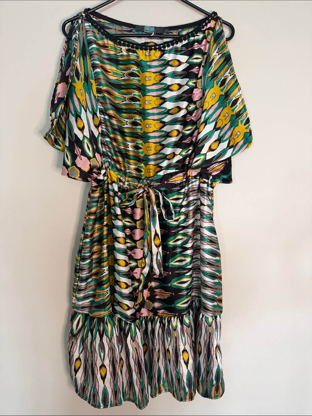 Eva Franco Ikat-Print Tie-Waist Midi Dress in Green, Yellow & Pink